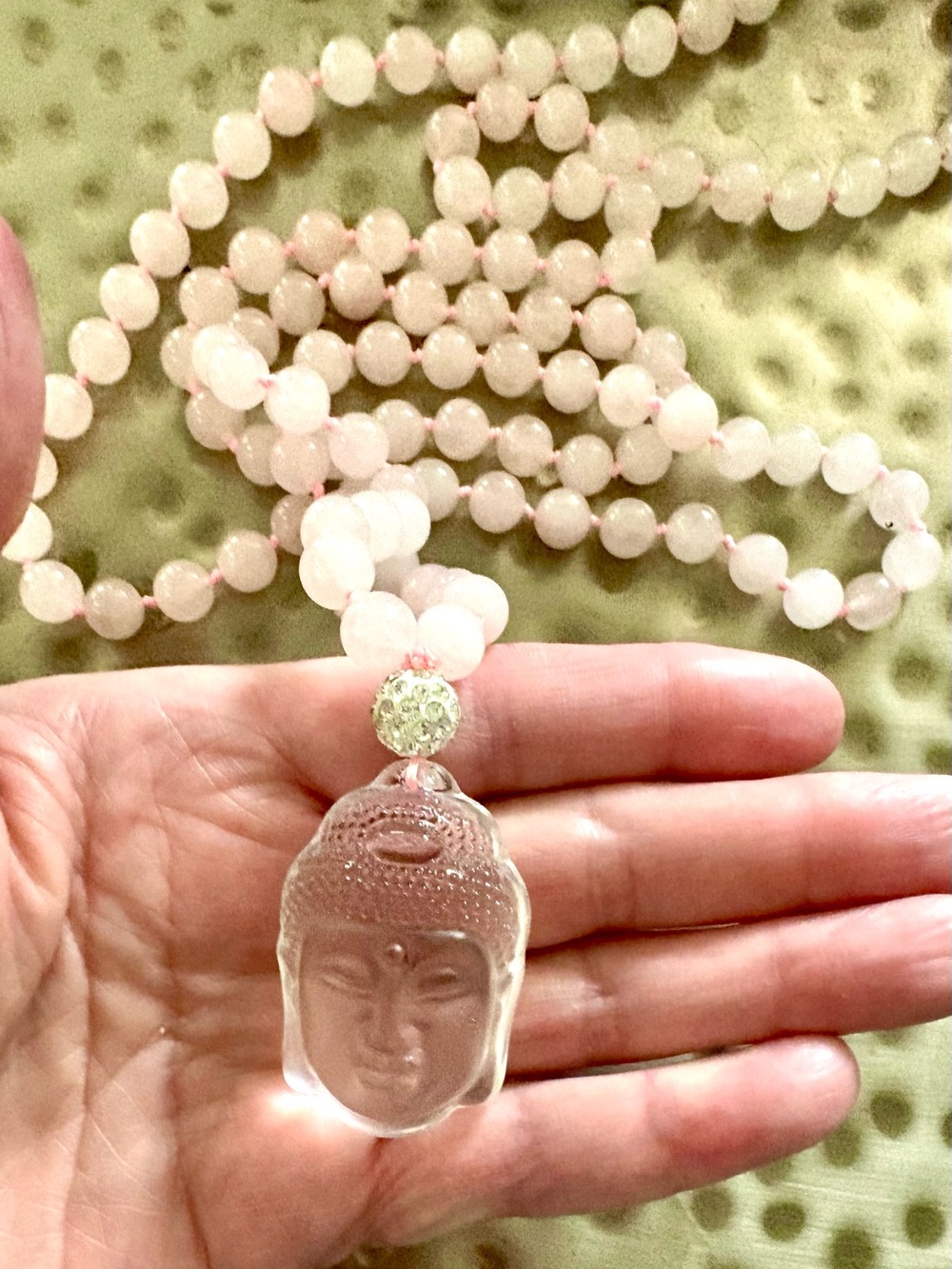Vintage Rose Quartz Buddha Necklace Rock Crystal Pendant Hand Knotted 40” - Picture 7 of 15